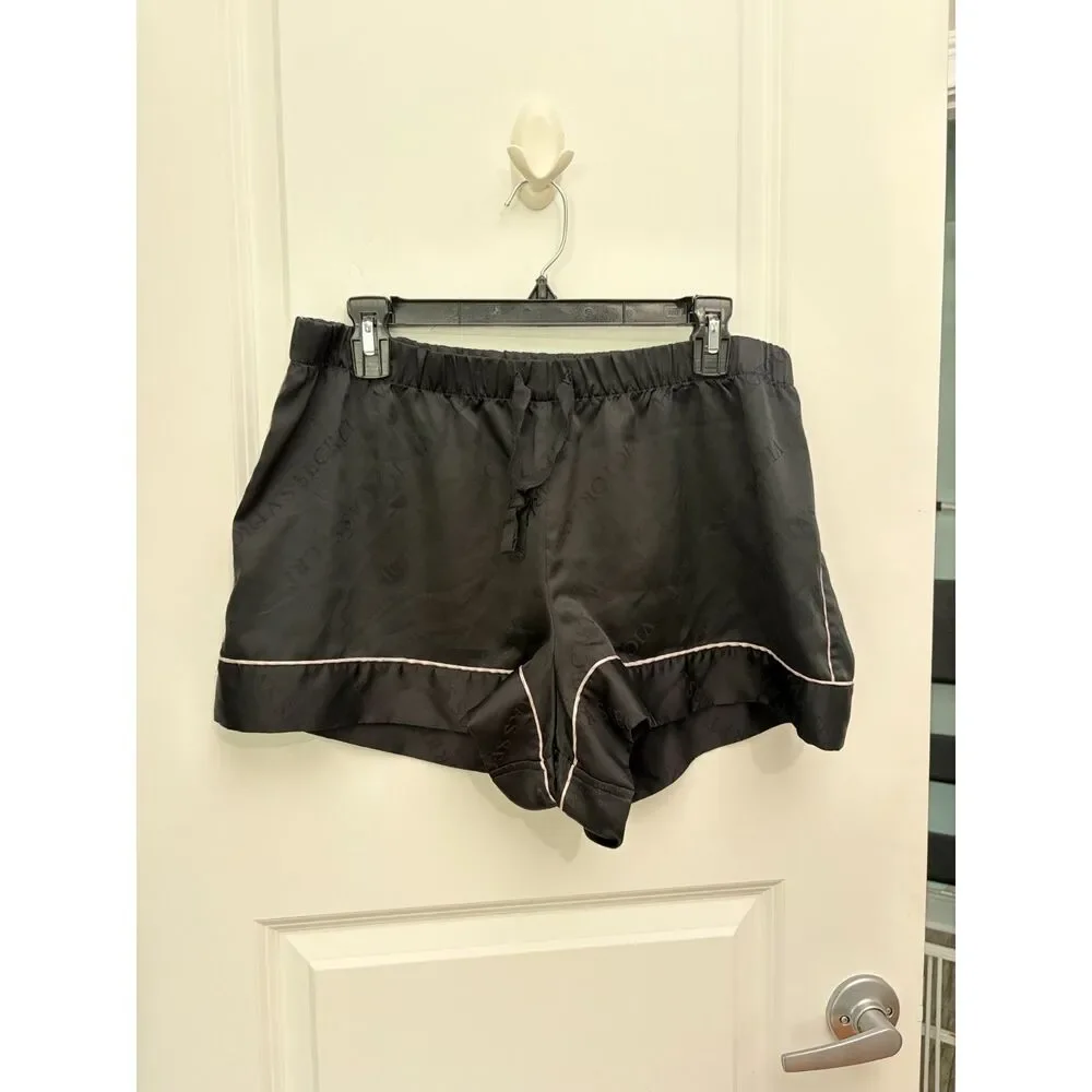 Victoria Secret Satin Pajama Shorts Black Logo Print Pink Piping Womens Large